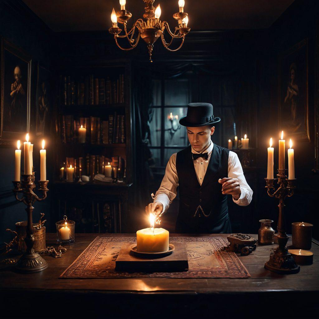 A captivating scene featuring a magician performing a breathtaking mentalism trick in a dimly lit room filled with mystical artifacts, candles flickering in the background. Ethereal wisps of magic swirl around the magician, creating an aura of enchantment, while shadowy figures of supernatural beings loom in the corners, suggesting mystery and intrigue. Rich, deep colors dominate the palette, evoking a sense of wonder and suspense. painting. vibrant colors.