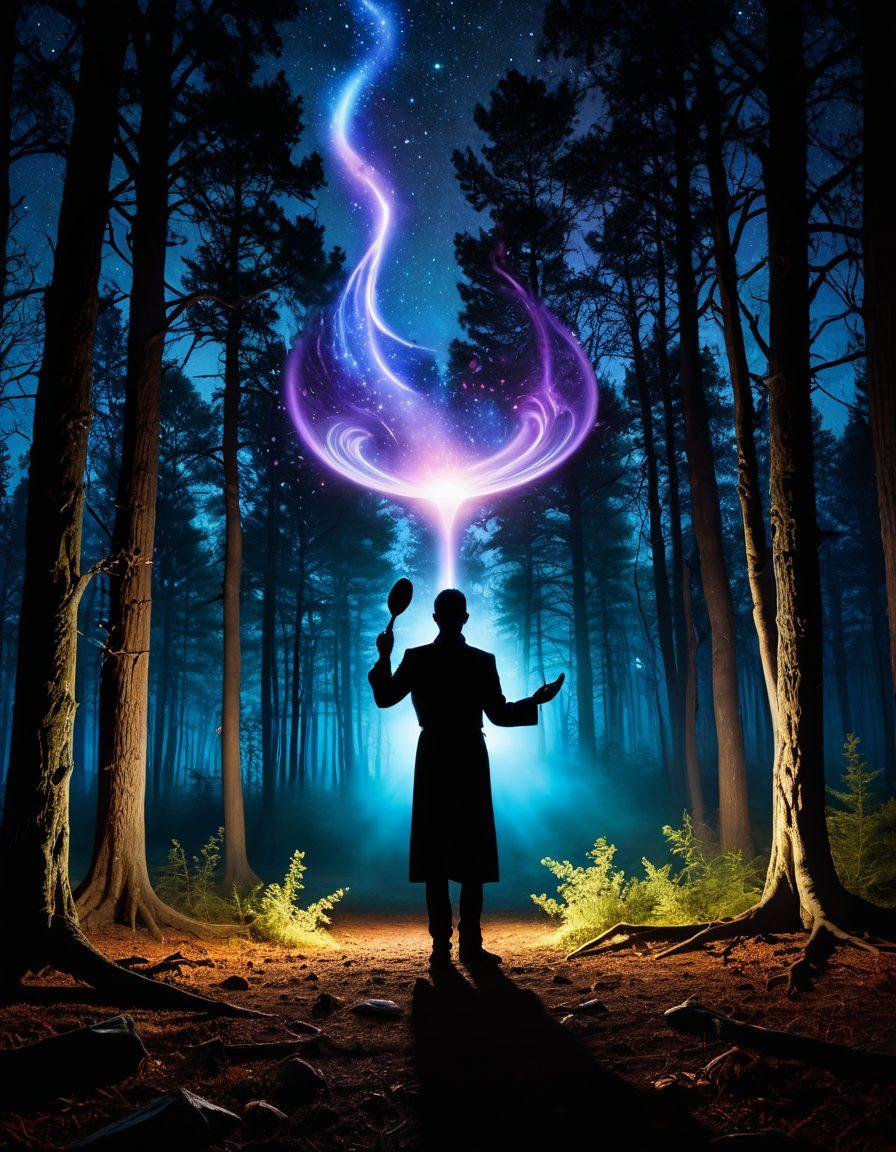 A surreal landscape featuring a swirling galaxy above a mystical forest, with a shadowy figure resembling Uri Geller levitating a spoon through telekinesis. Ethereal lights and symbols representing psychic phenomena subtly illuminate the scene. The atmosphere is magical, drawing viewers into a world of mystery and wonder. vibrant colors. dreamlike. digital art.
