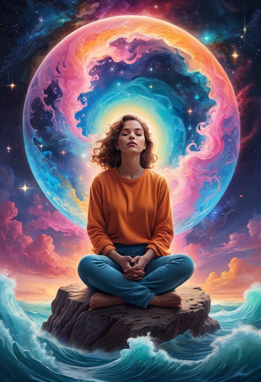 A mesmerizing illustration of a person sitting cross-legged, surrounded by colorful waves of energy that symbolize telepathy. Ethereal thought bubbles filled with iconic symbols from popular culture, such as movies, books, and TV shows hover around them. The background is a cosmic space filled with stars and galaxies, bringing a sense of wonder and the supernatural. A subtle glow emanates from the figure, representing psychic energy and connection. surrealism. vibrant colors. cosmic background.